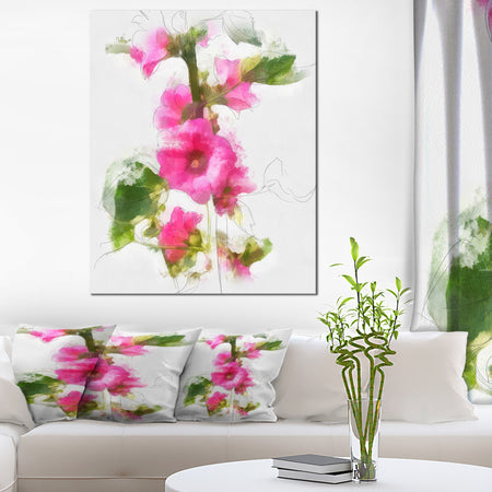 Pink Flower with Stem and Leaves - Large Floral Canvas Artwork