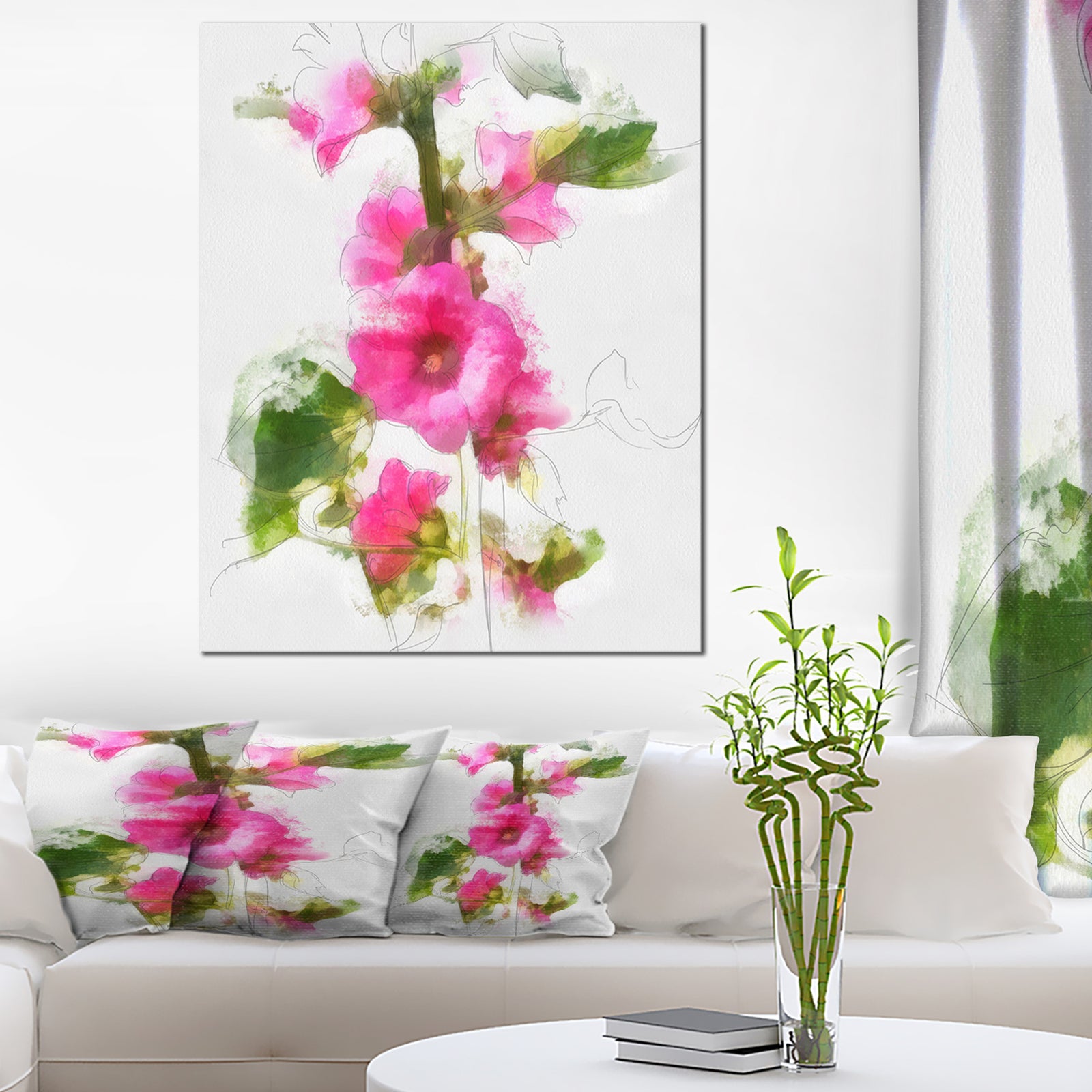 Pink Flower with Stem and Leaves - Large Floral Canvas Artwork