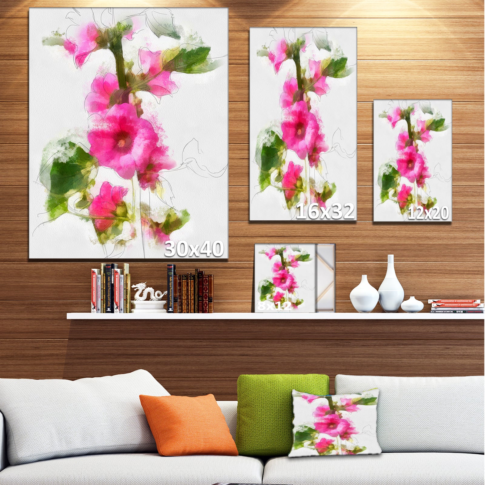 Pink Flower with Stem and Leaves - Large Floral Canvas Artwork