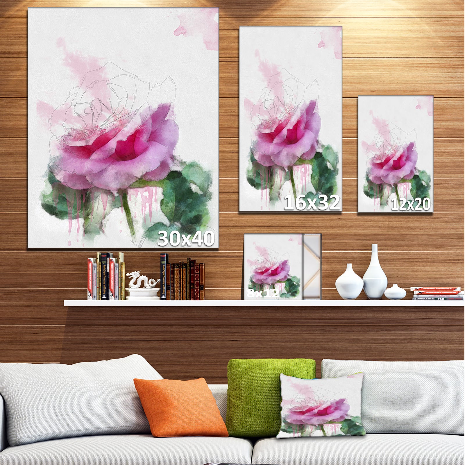 Pink Rose Stem with Paint Splashes - Large Floral Canvas Artwork