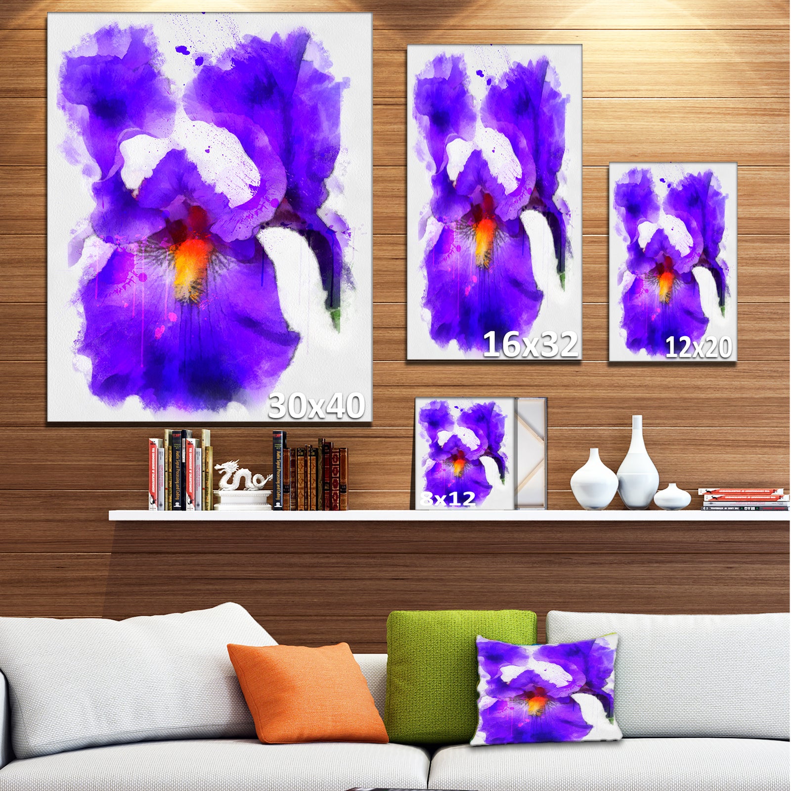 Blue Flower and Watercolor Splashes - Large Floral Canvas Artwork