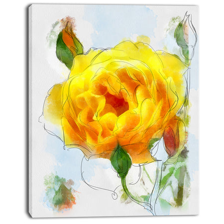 Yellow Rose with Rose Buds Sketch - Large Floral Canvas Artwork