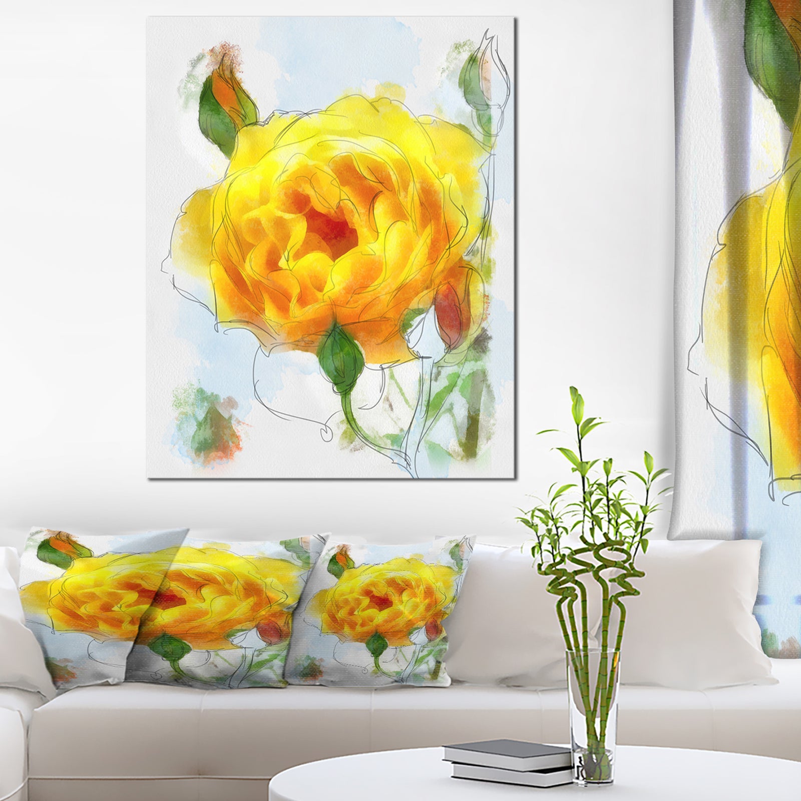 Yellow Rose with Rose Buds Sketch - Large Floral Canvas Artwork