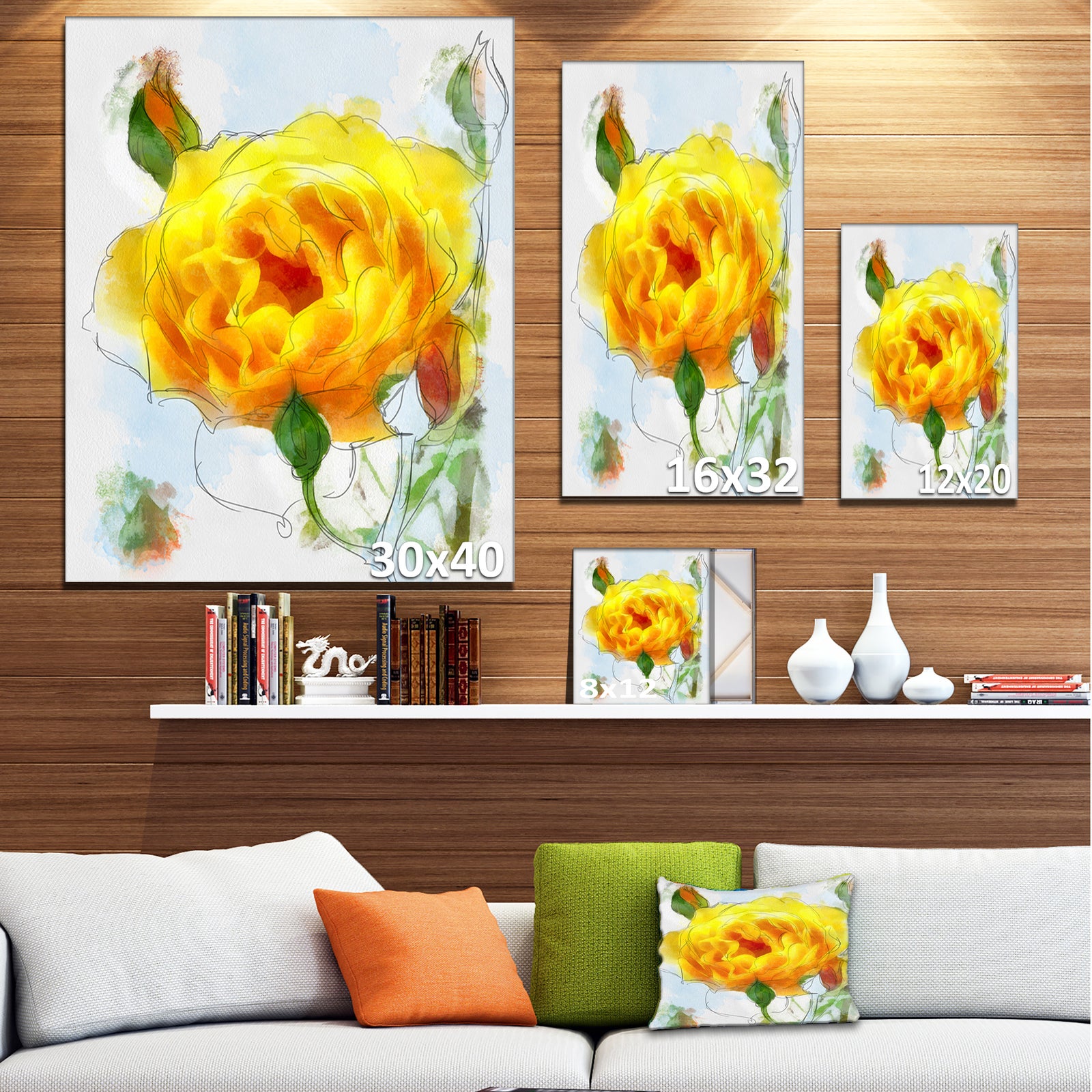 Yellow Rose with Rose Buds Sketch - Large Floral Canvas Artwork