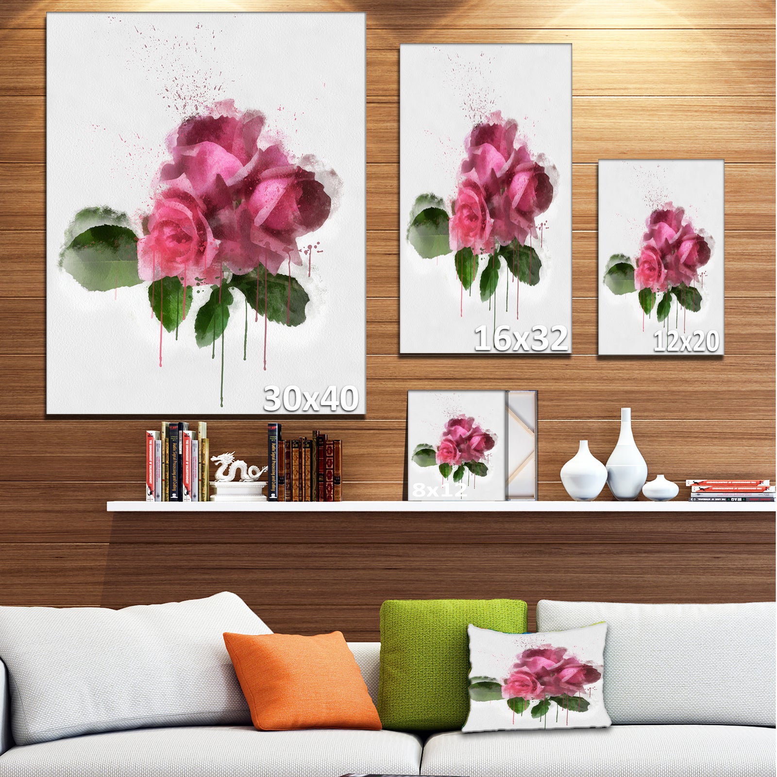 Bunch of Pink Roses with Leaves - Large Floral Canvas Artwork