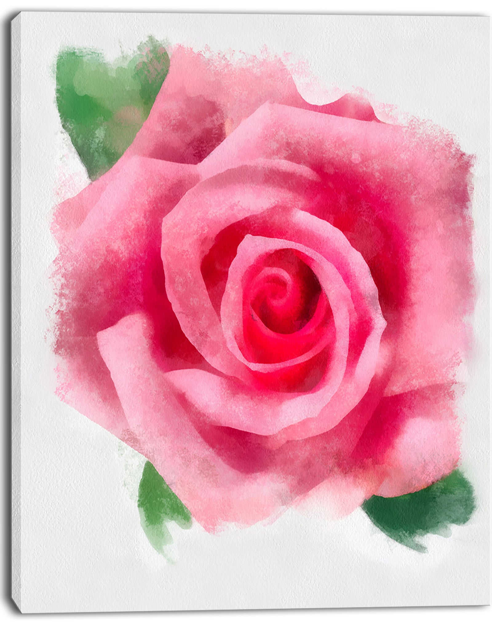 Big Pink Rose Flower with Leaves - Large Floral Canvas Artwork