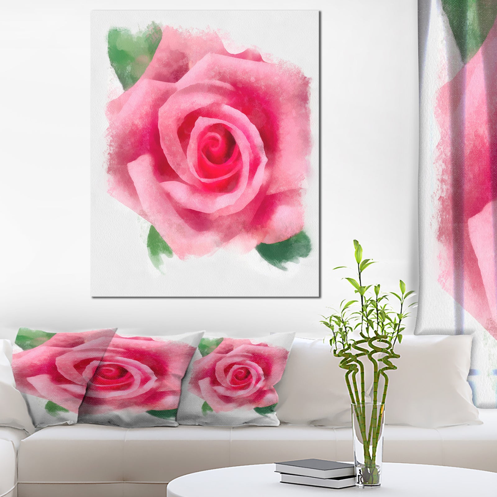 Big Pink Rose Flower with Leaves - Large Floral Canvas Artwork