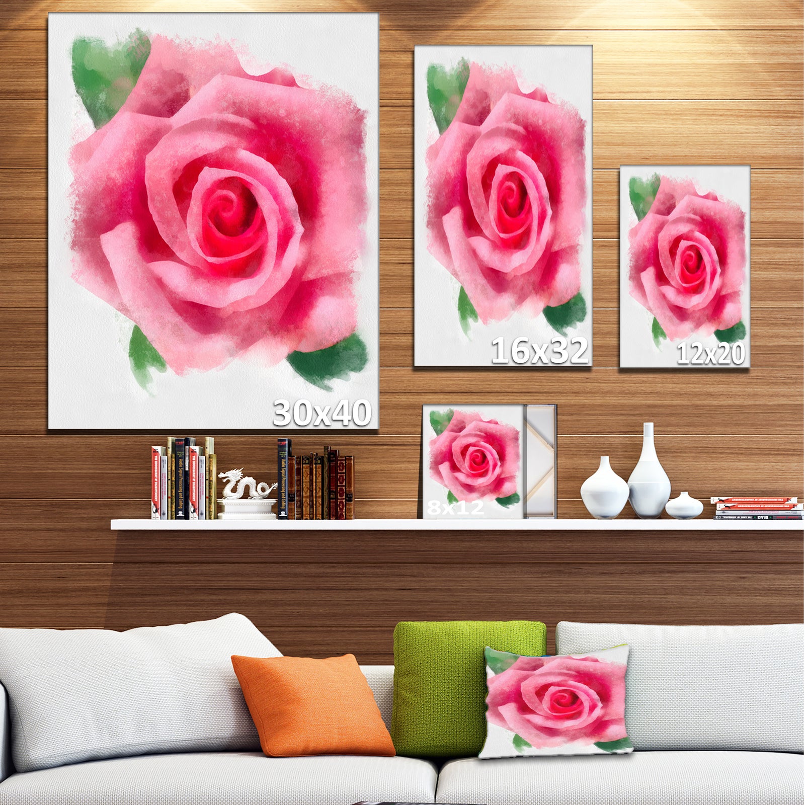 Big Pink Rose Flower with Leaves - Large Floral Canvas Artwork
