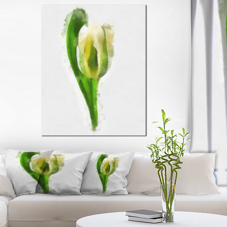 White Tulip with Green Leaves - Large Floral Canvas Artwork