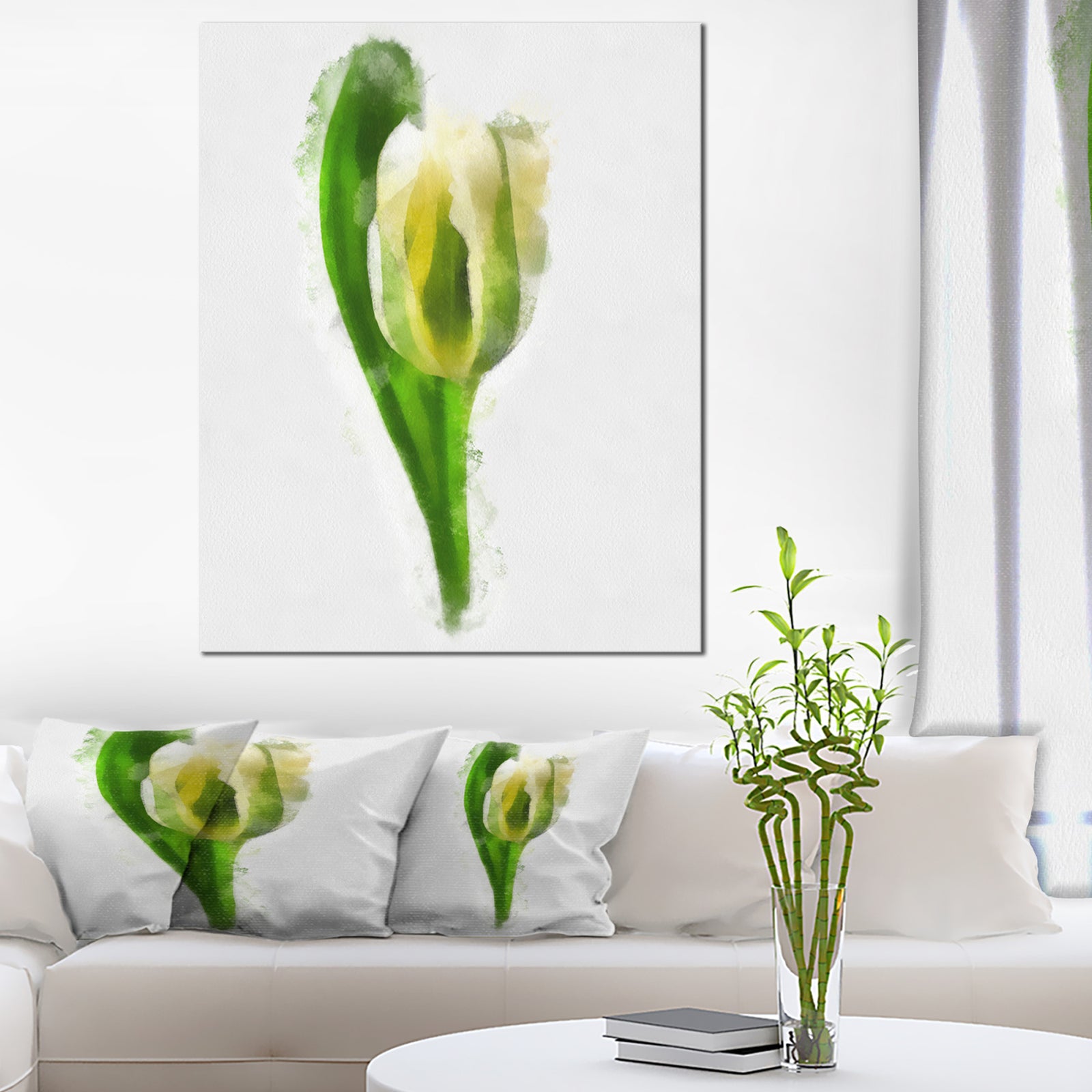 White Tulip with Green Leaves - Large Floral Canvas Artwork