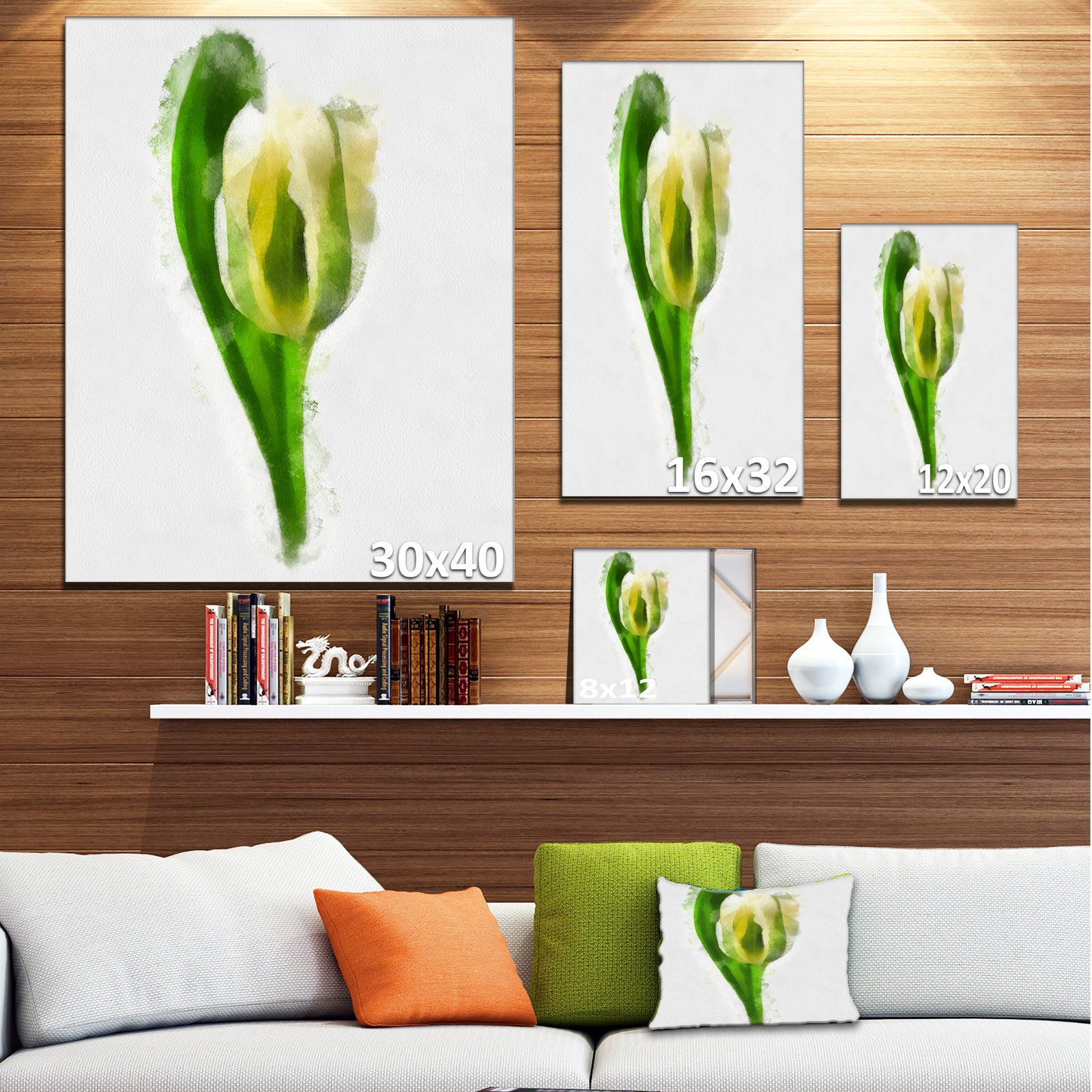 White Tulip with Green Leaves - Large Floral Canvas Artwork