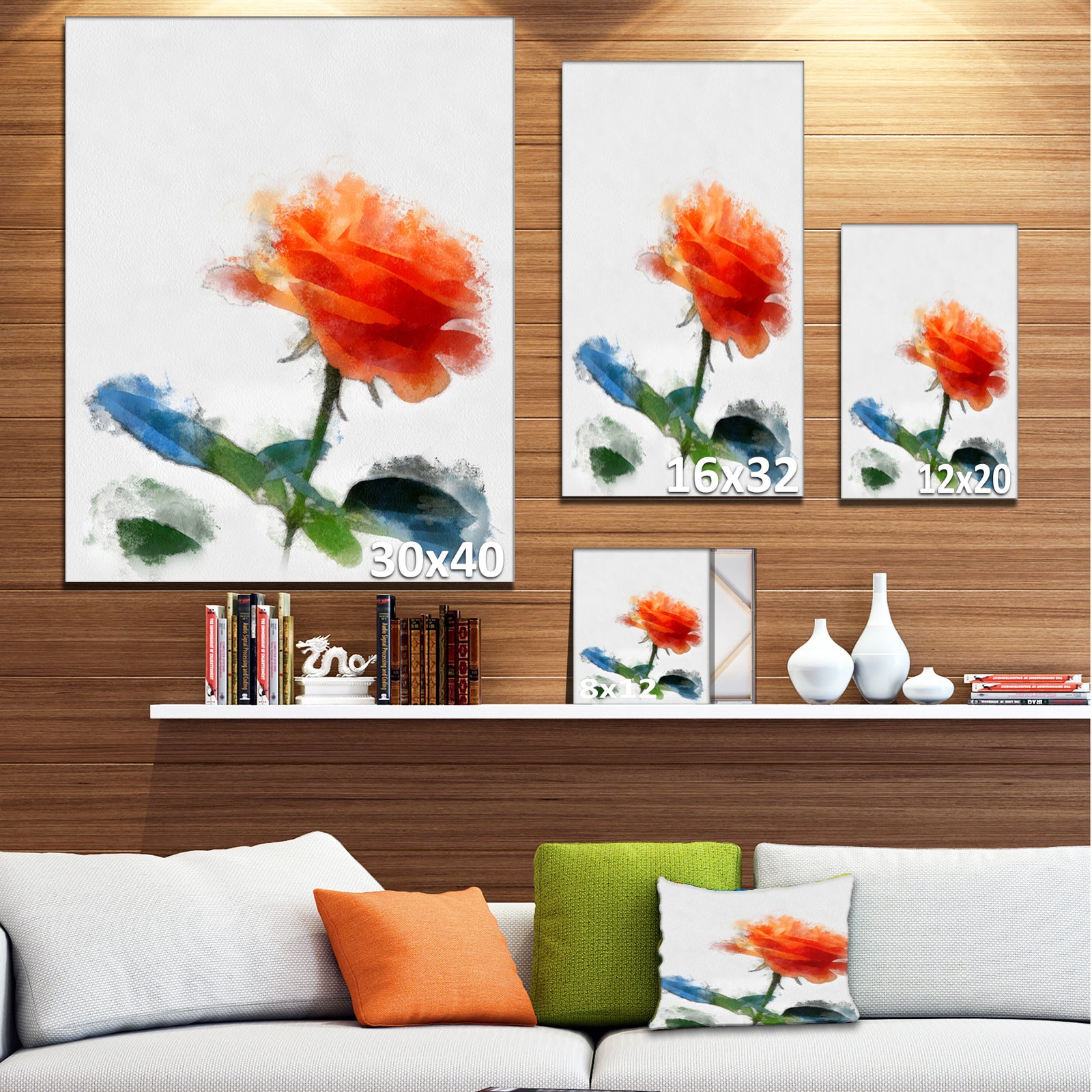 Orange Rose Flower with Splashes - Large Floral Canvas Artwork