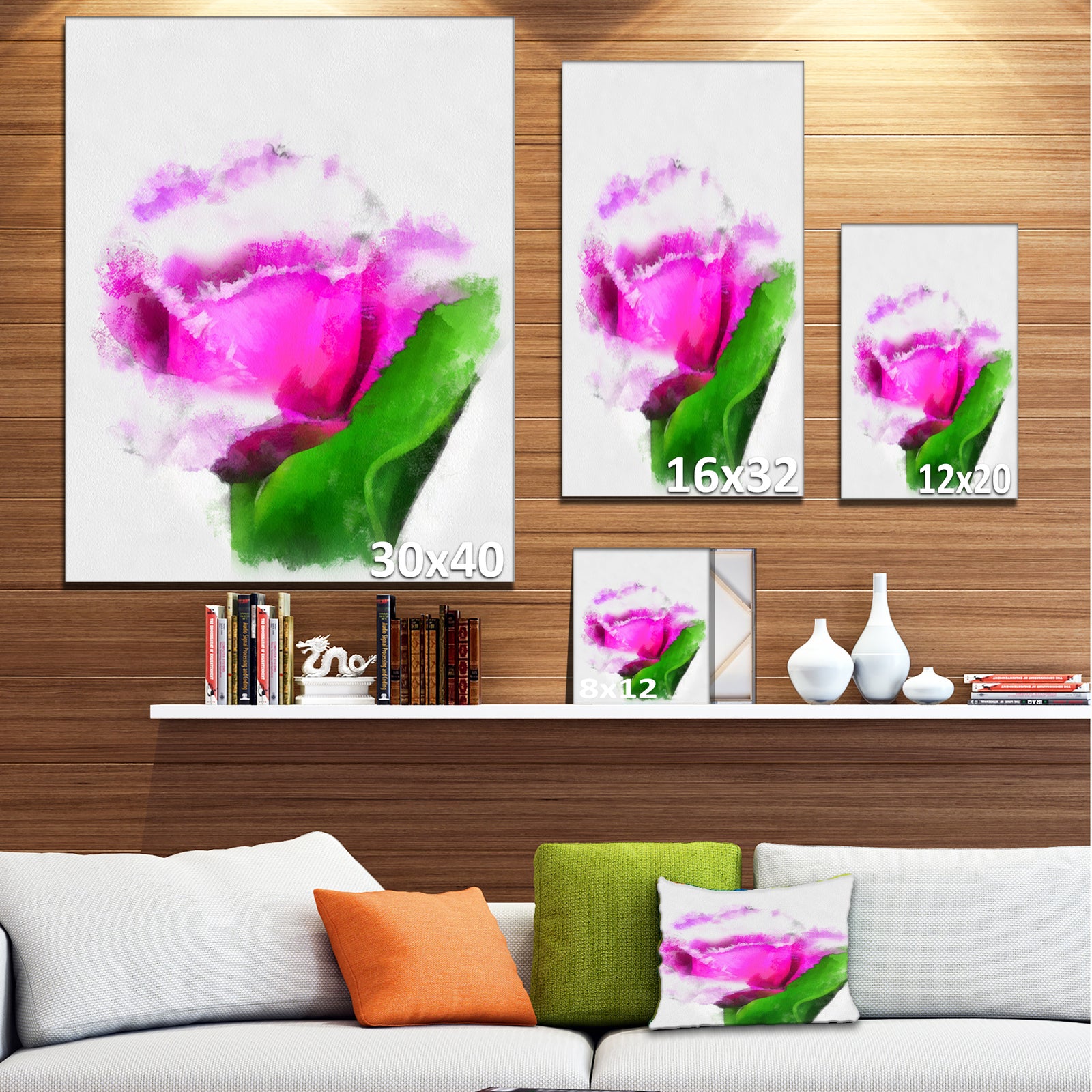 Pink Rose Watercolor with Leaves - Large Floral Canvas Artwork