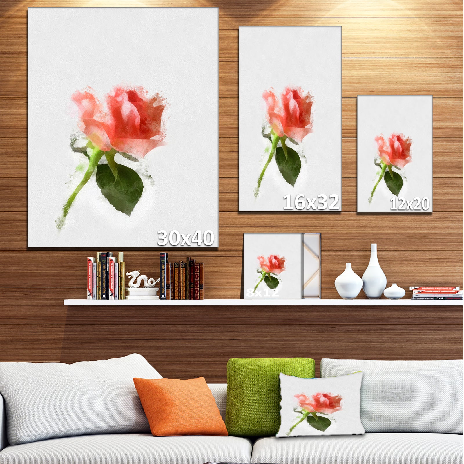 Pink Rose Watercolor with Stem - Large Floral Canvas Artwork