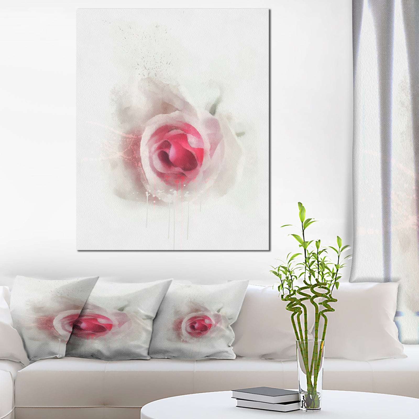 White Rose with Pink Petals - Large Floral Canvas Artwork