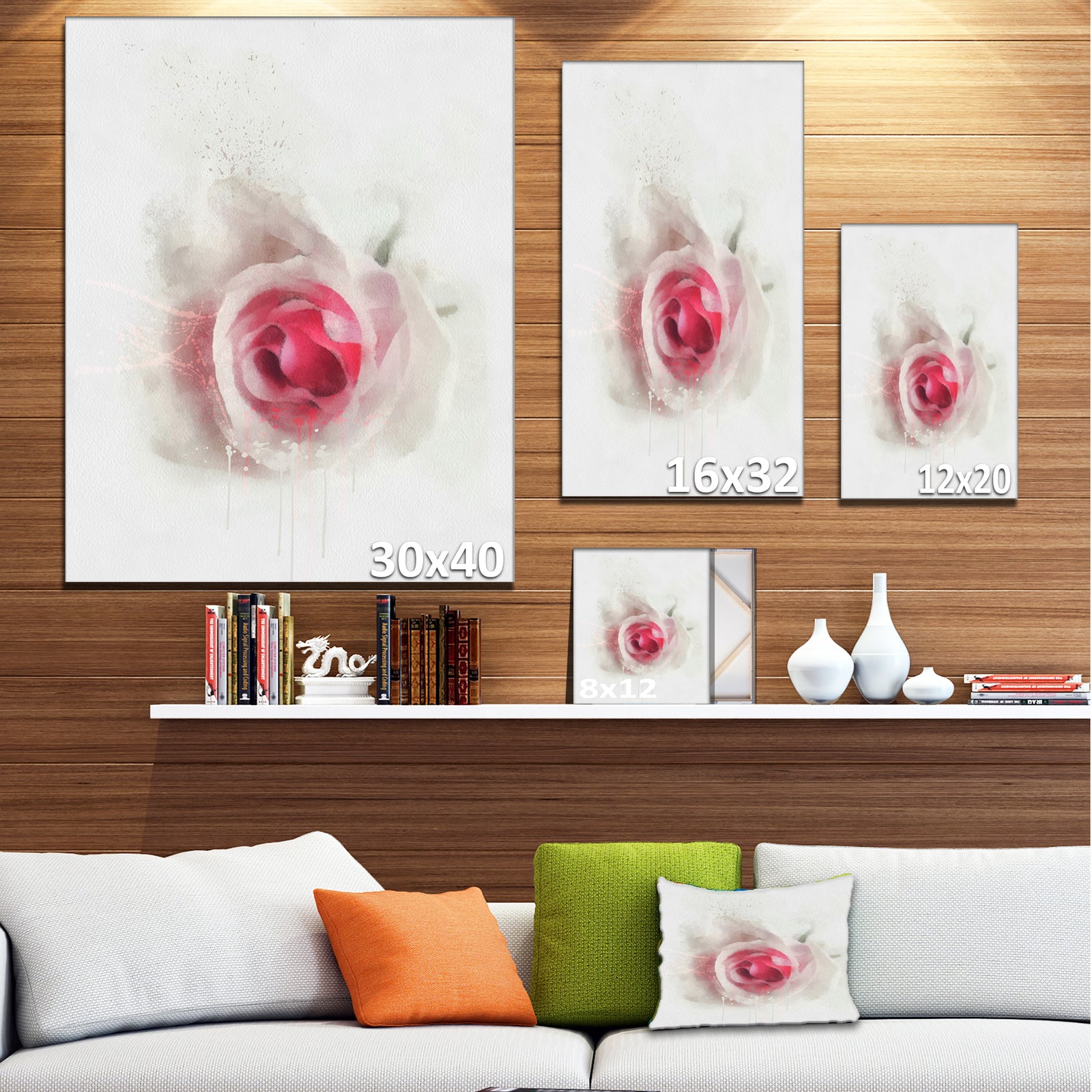 White Rose with Pink Petals - Large Floral Canvas Artwork