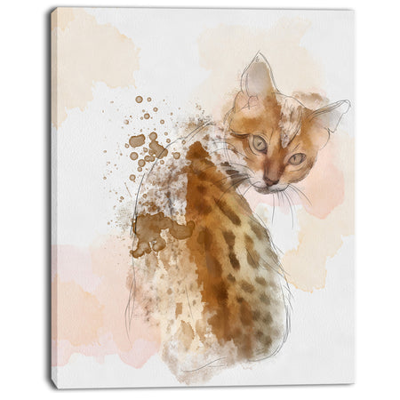 Cute Cat Sketch with Brown Splashes - Modern Animal Canvas Wall Art