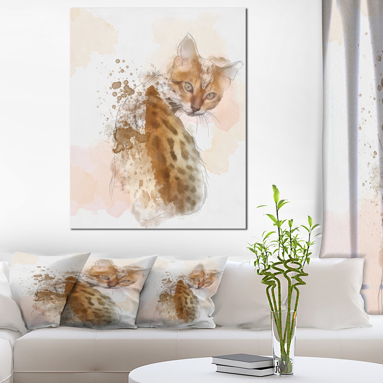 Cute Cat Sketch with Brown Splashes - Modern Animal Canvas Wall Art