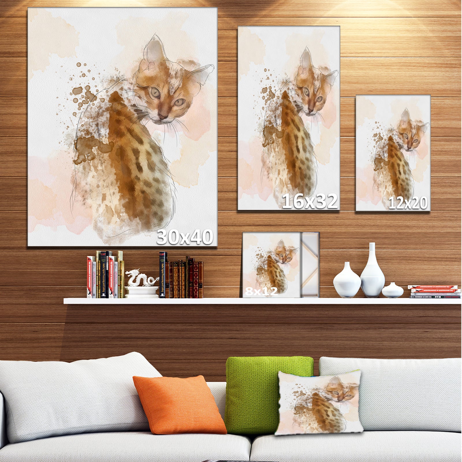 Cute Cat Sketch with Brown Splashes - Modern Animal Canvas Wall Art