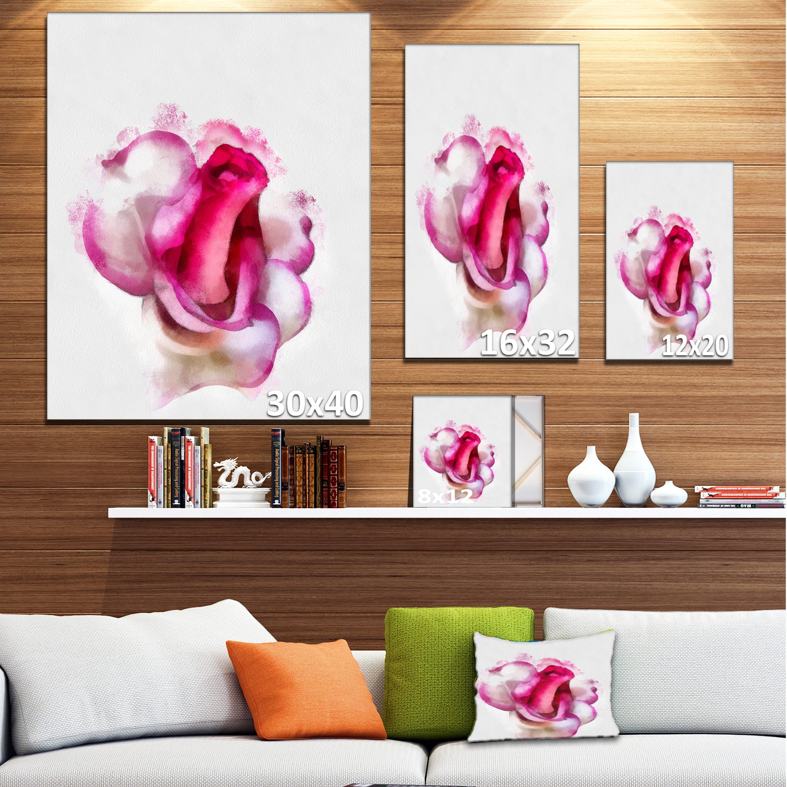 Red Rose with White Watercolor - Extra Large Floral Canvas Art