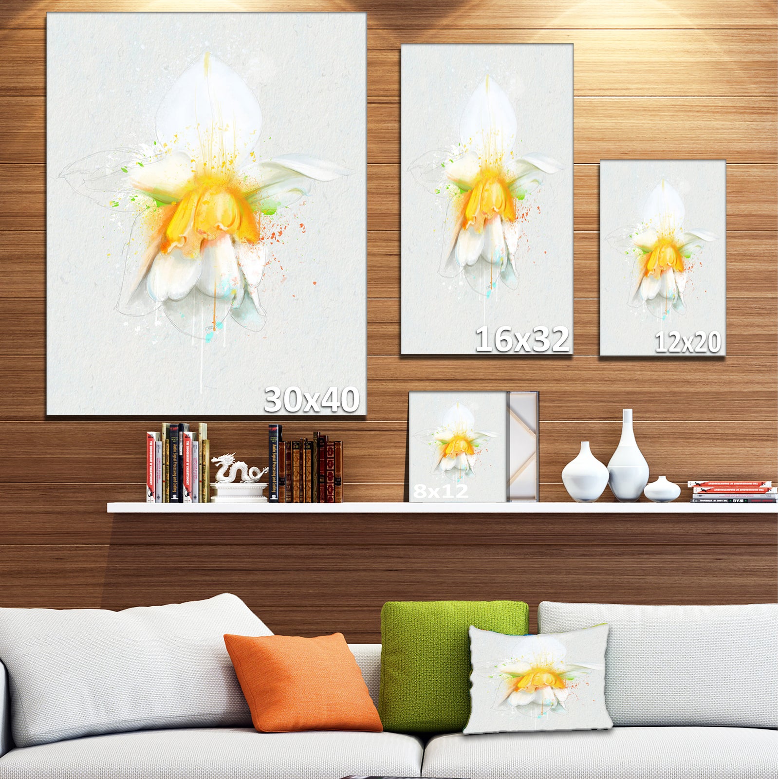White Narcissus Flower Watercolor - Extra Large Floral Canvas Art