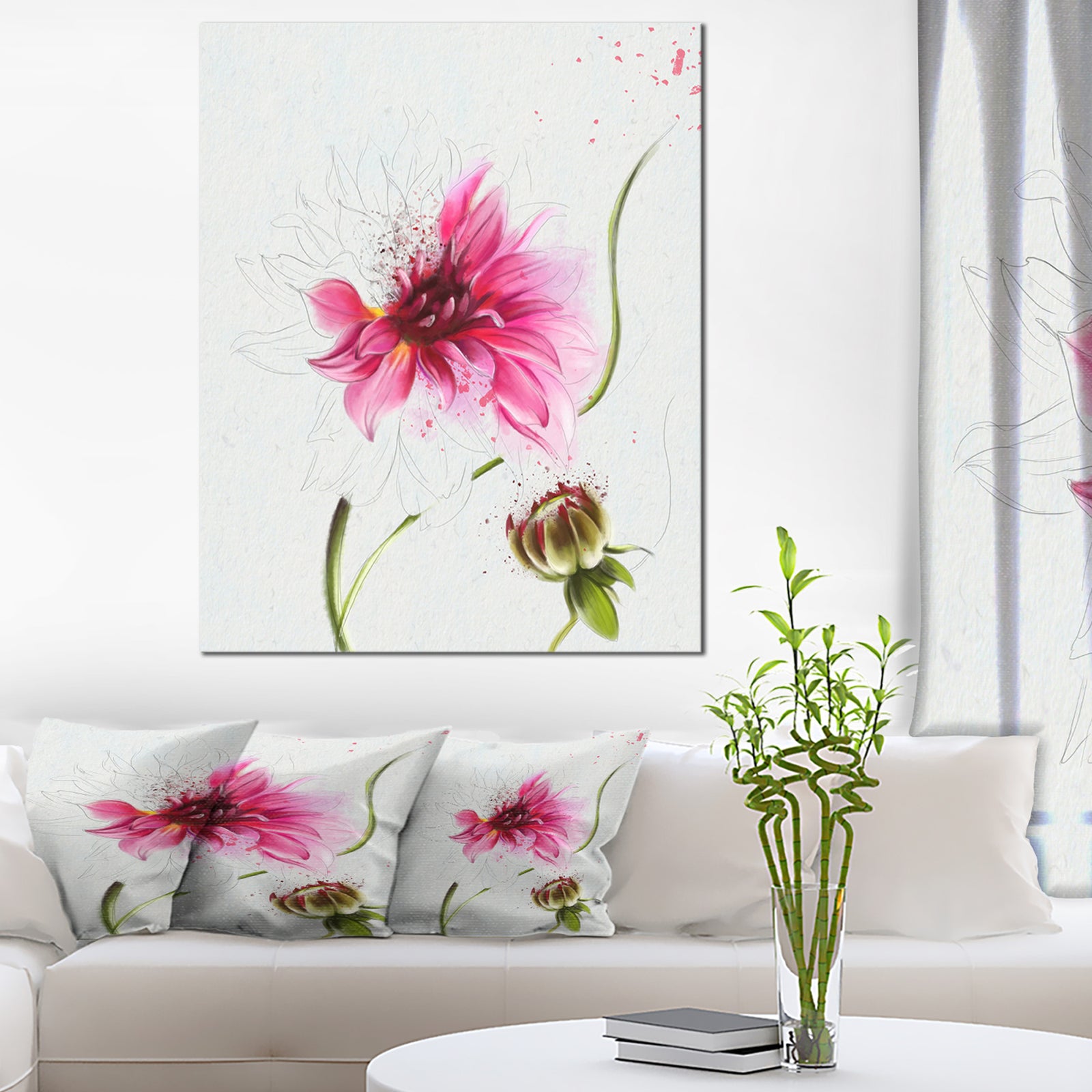 Pink Flower with Stem and Bud - Extra Large Floral Canvas Art