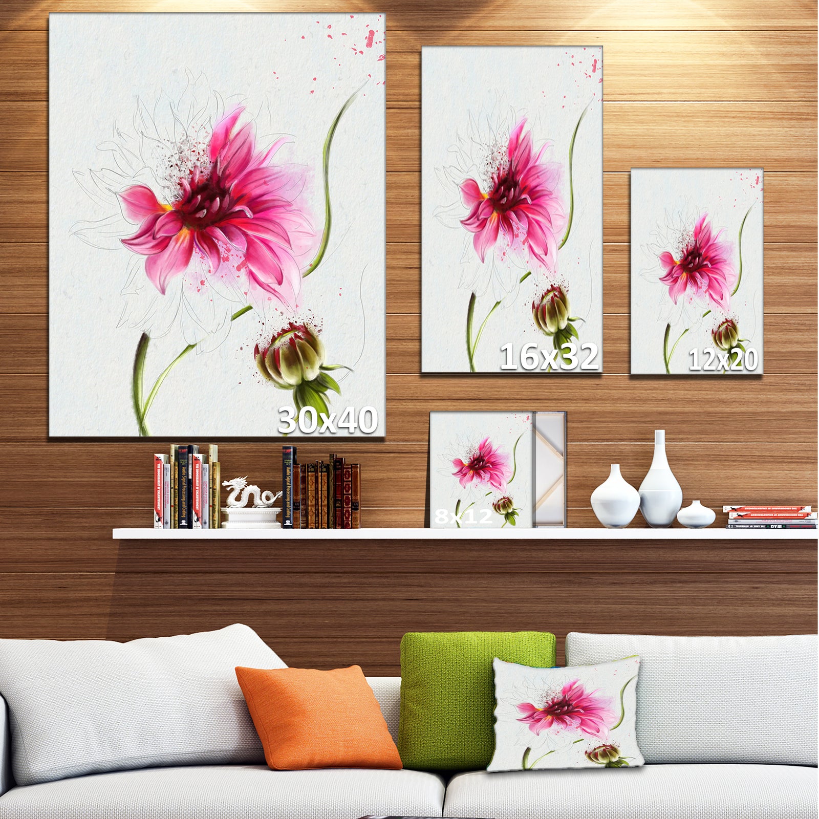 Pink Flower with Stem and Bud - Extra Large Floral Canvas Art