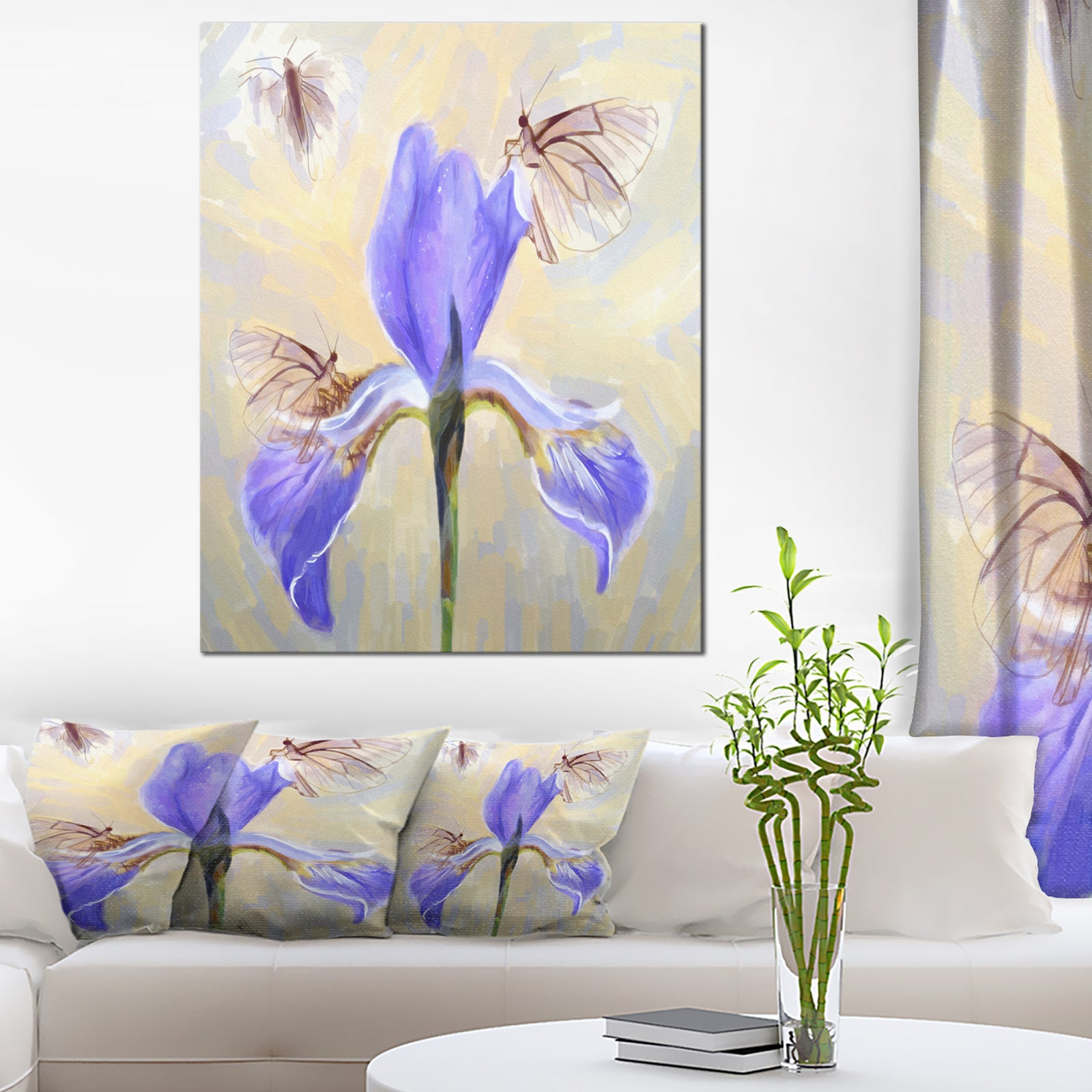 Blue Flower with Butterflies Sketch - Extra Large Floral Canvas Art