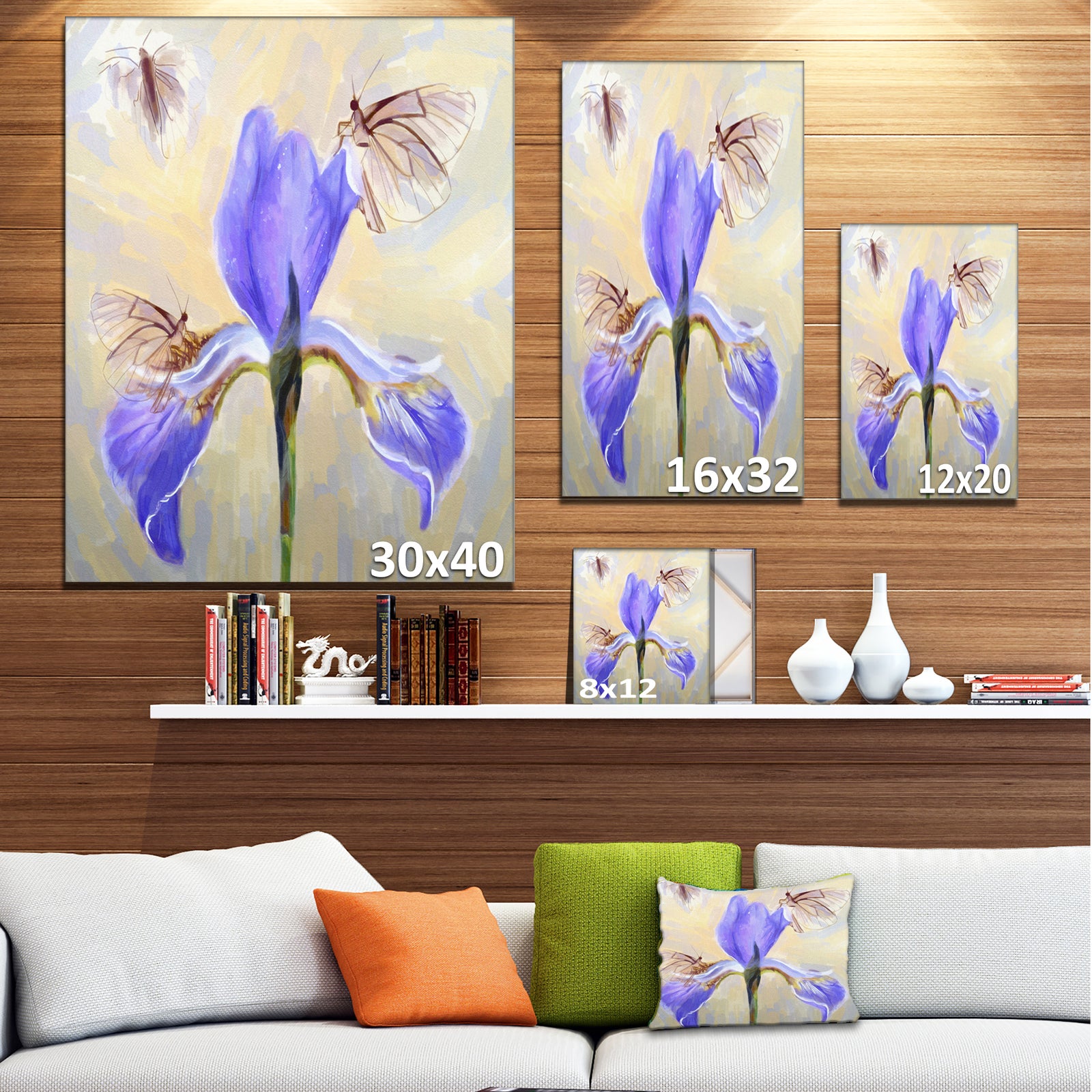 Blue Flower with Butterflies Sketch - Extra Large Floral Canvas Art