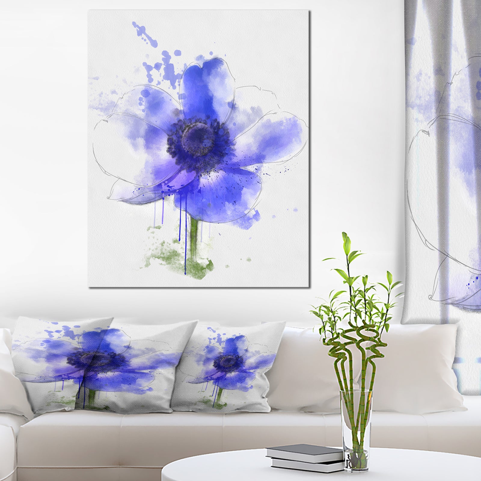 Blue Anemone Sketch Watercolor - Extra Large Floral Canvas Art