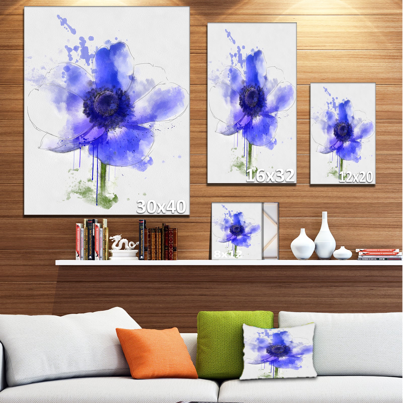 Blue Anemone Sketch Watercolor - Extra Large Floral Canvas Art