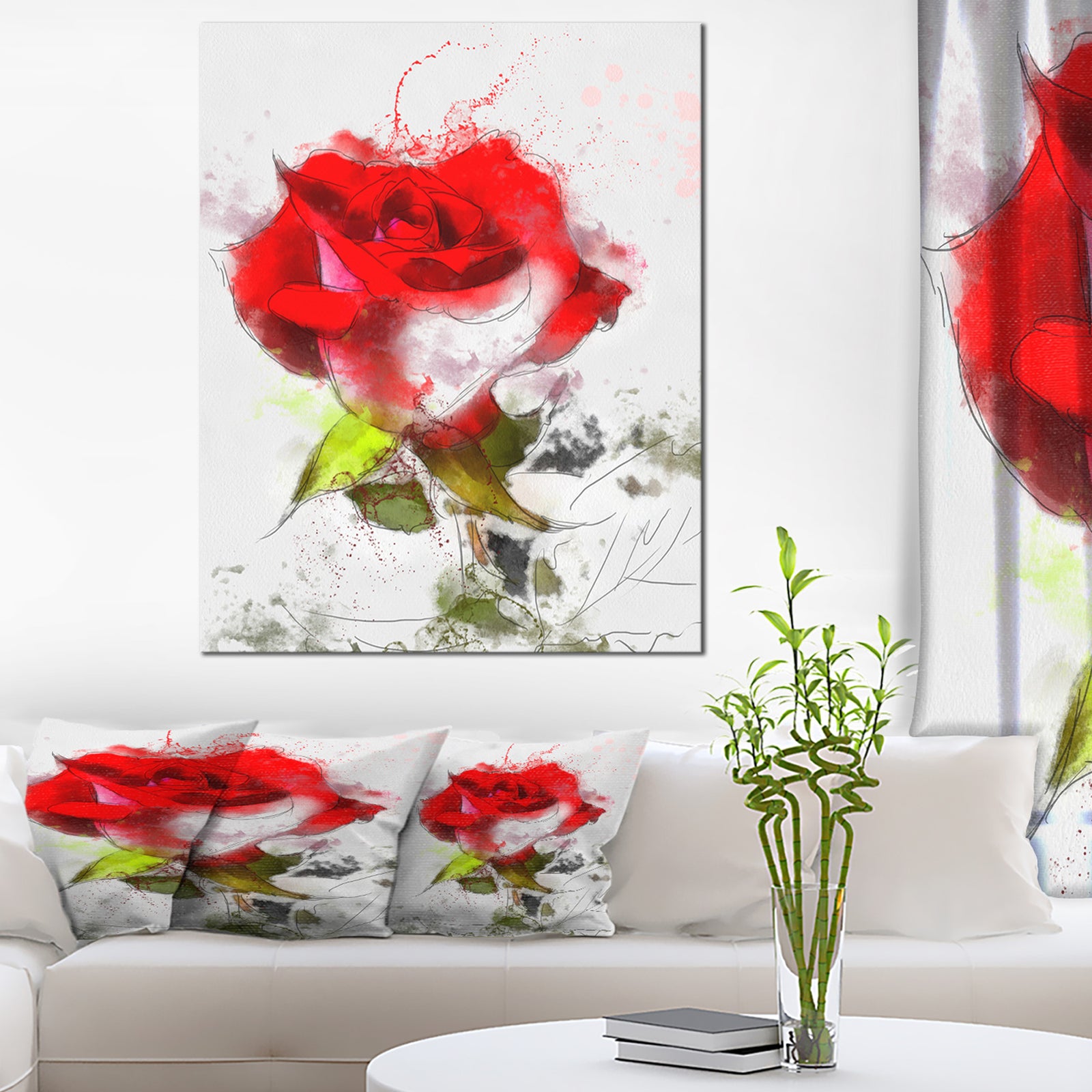 Hand-drawn Watercolor Rose Flower - Extra Large Floral Canvas Art
