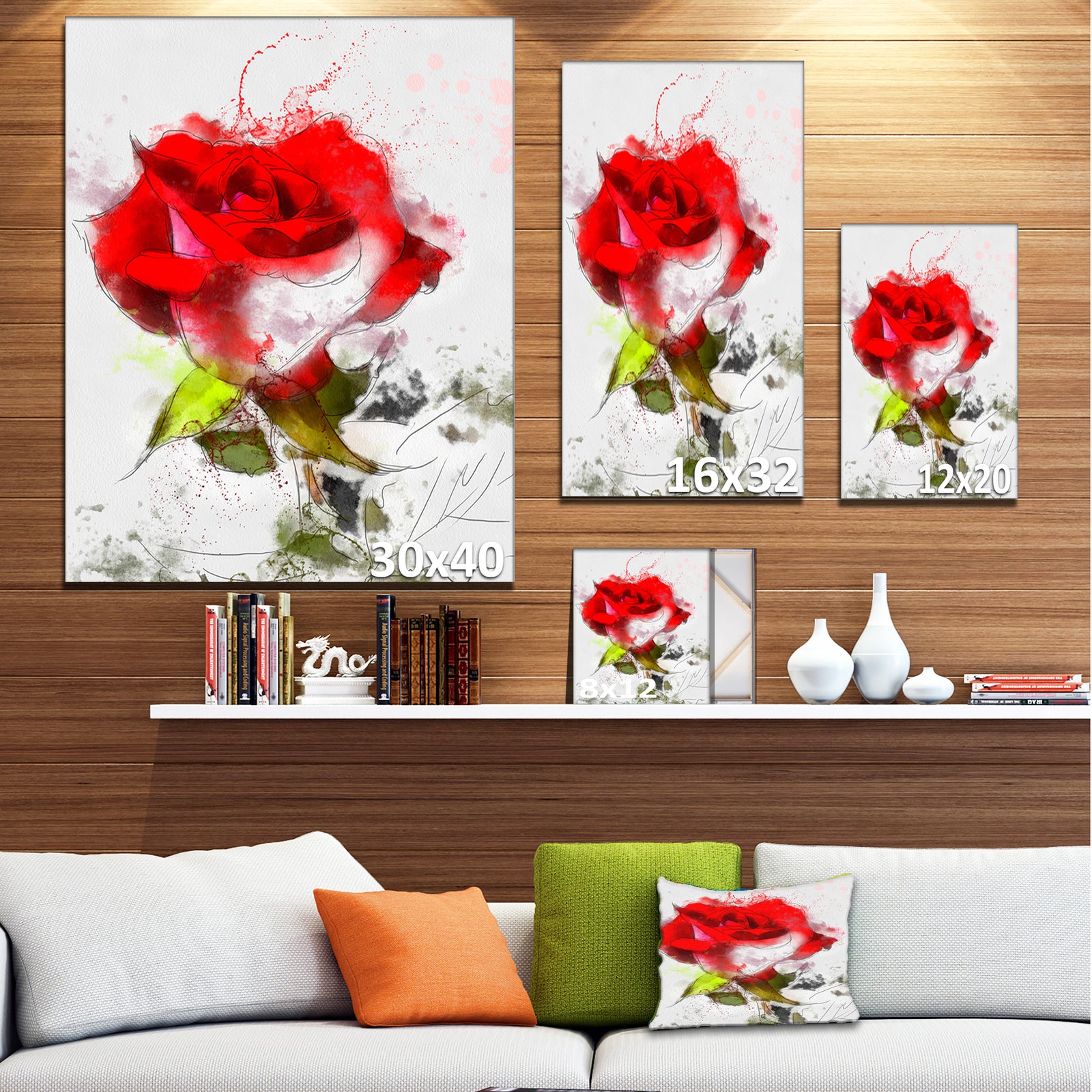Hand-drawn Watercolor Rose Flower - Extra Large Floral Canvas Art