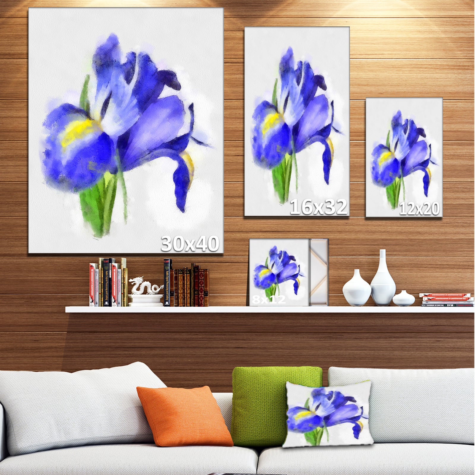 Blue Iris Illustration Watercolor - Extra Large Floral Canvas Art