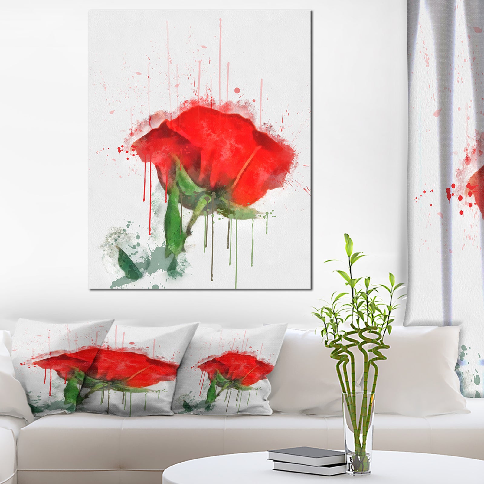 Red Rose Hand-drawn Painting - Extra Large Floral Canvas Art
