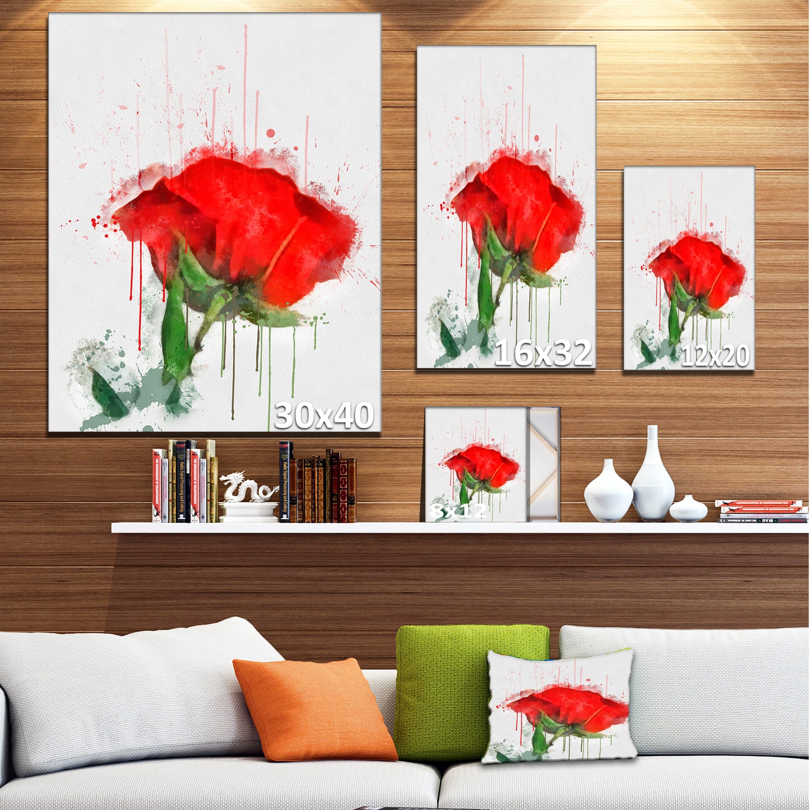 Red Rose Hand-drawn Painting - Extra Large Floral Canvas Art