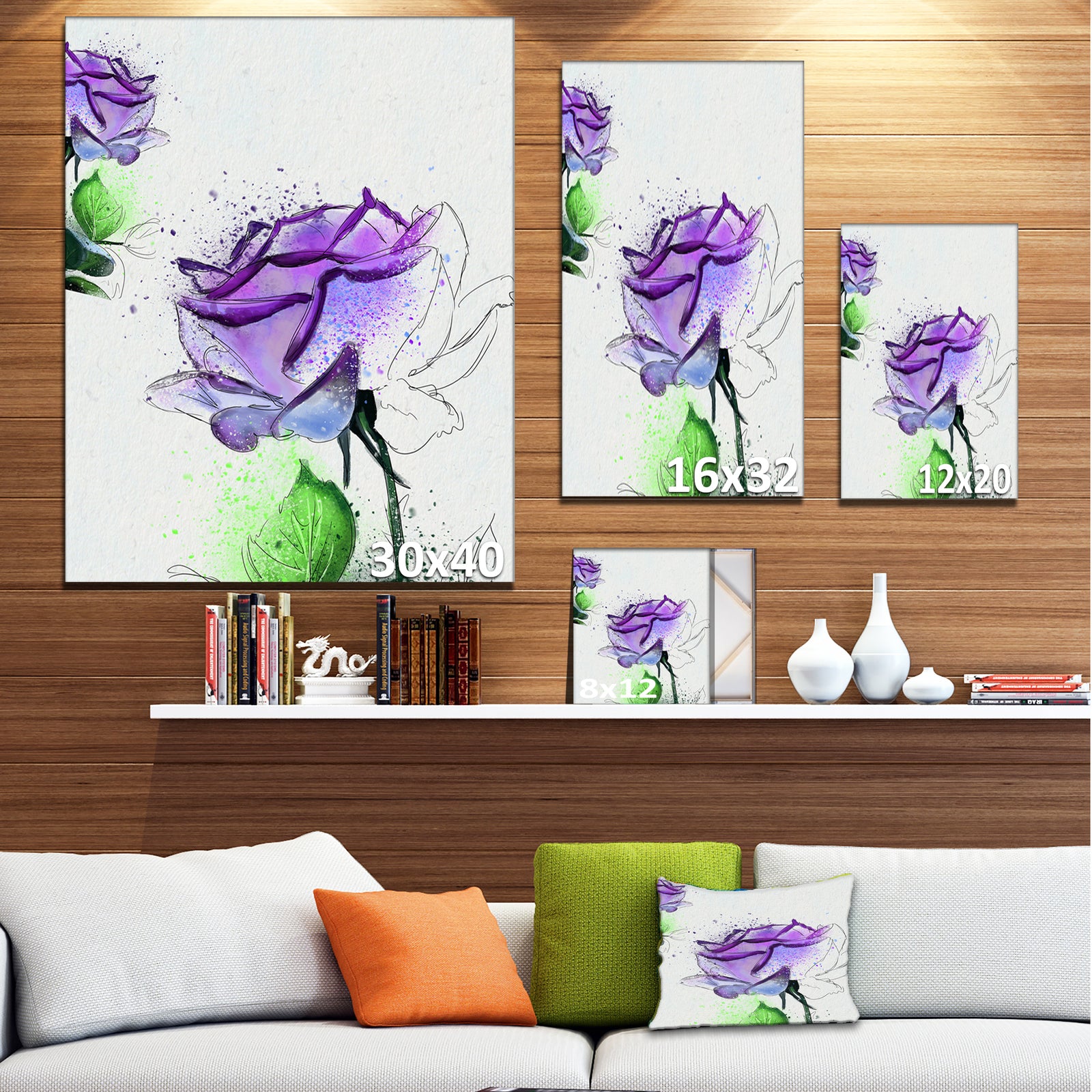 Blue Rose Flowers with Green Leaves - Extra Large Floral Canvas Art