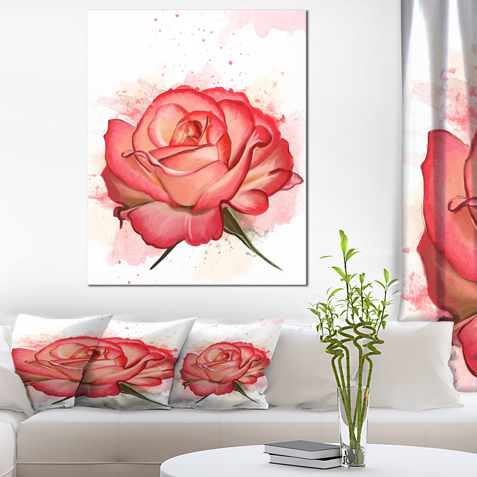 Red Rose Illustration with Splashes - Extra Large Floral Canvas Art