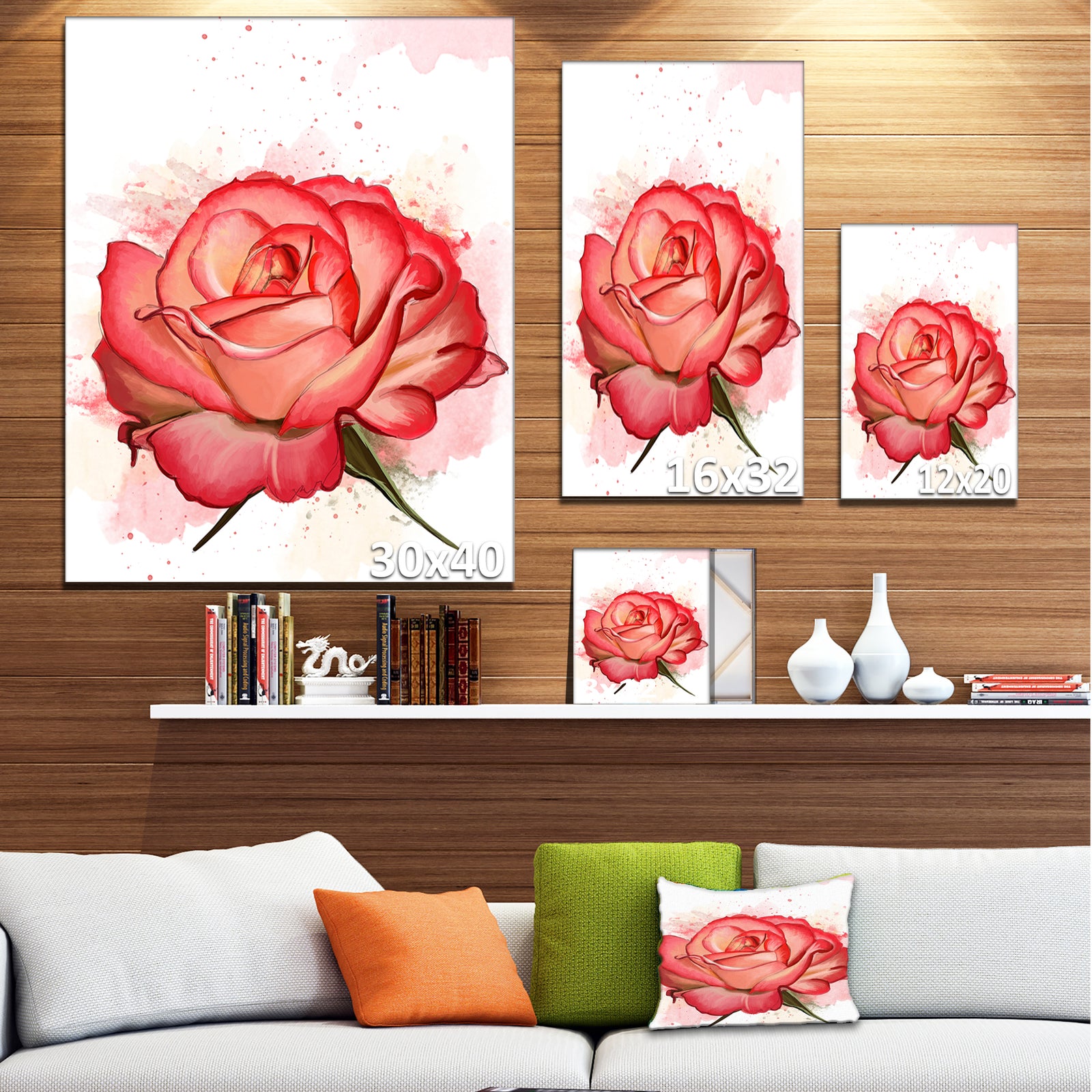 Red Rose Illustration with Splashes - Extra Large Floral Canvas Art