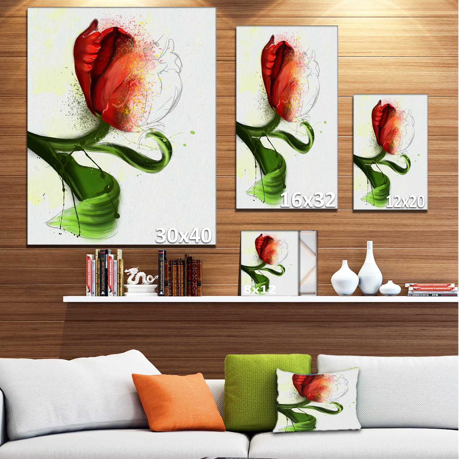 Big Red Flower with Green Leaves - Extra Large Floral Canvas Art