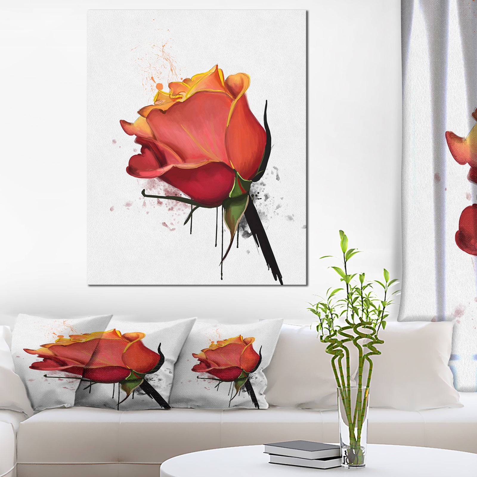 Isolated Red Rose Watercolor Sketch - Extra Large Floral Canvas Art