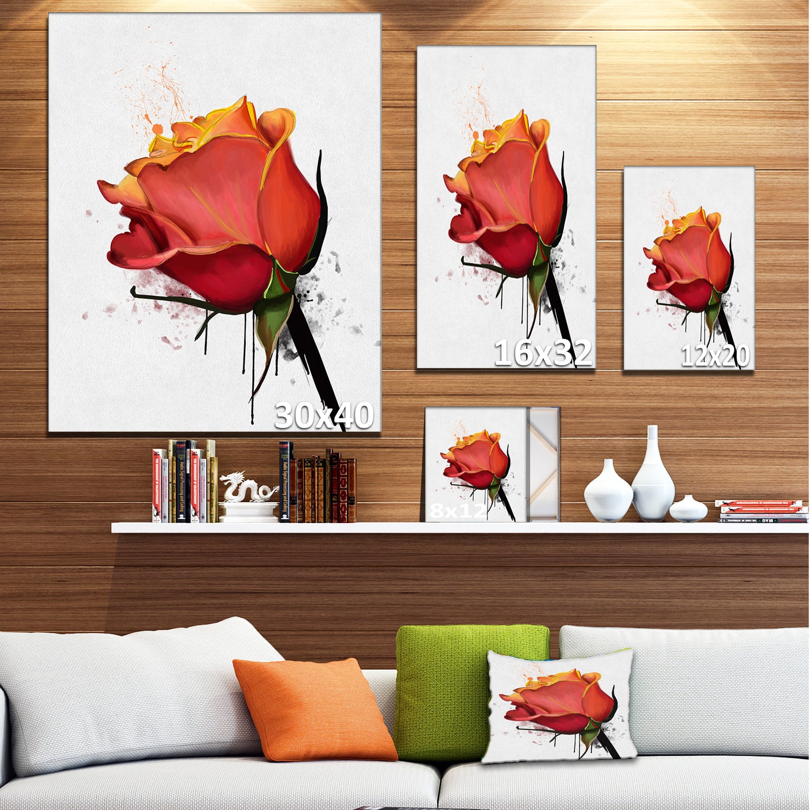 Isolated Red Rose Watercolor Sketch - Extra Large Floral Canvas Art
