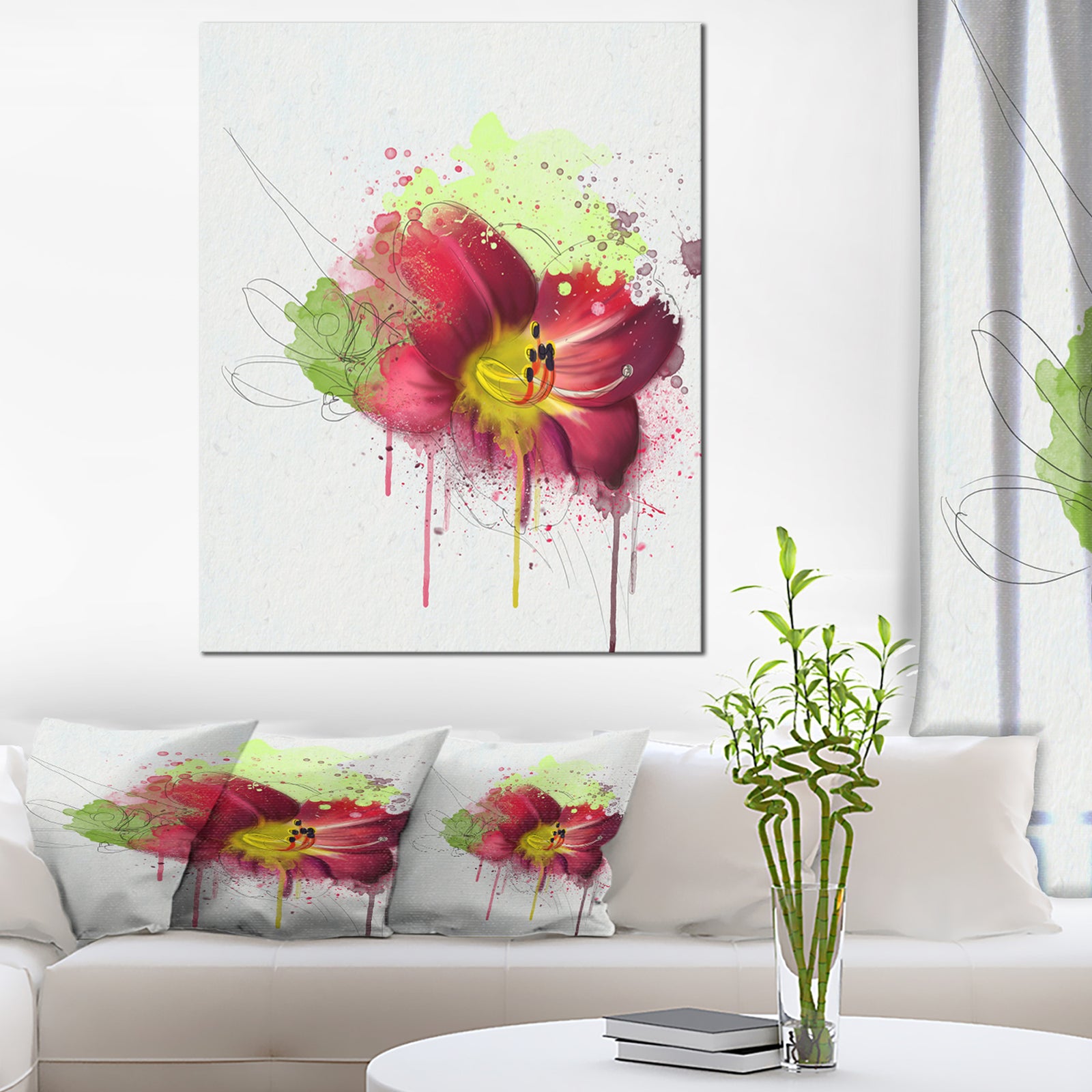 Red Lily with Green Paint Splashes - Extra Large Floral Canvas Art