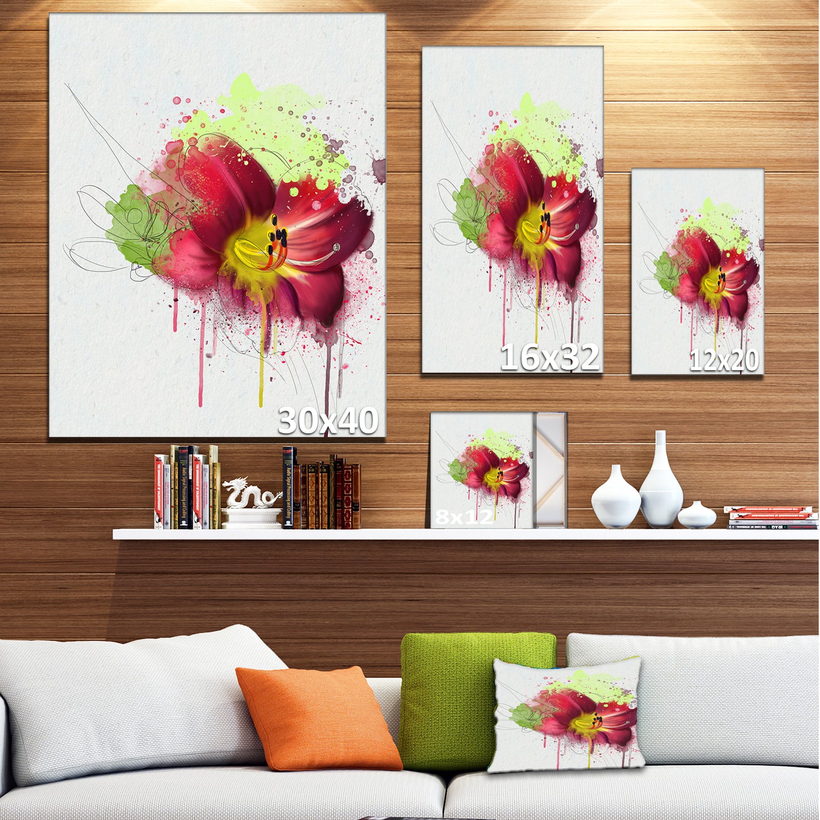 Red Lily with Green Paint Splashes - Extra Large Floral Canvas Art