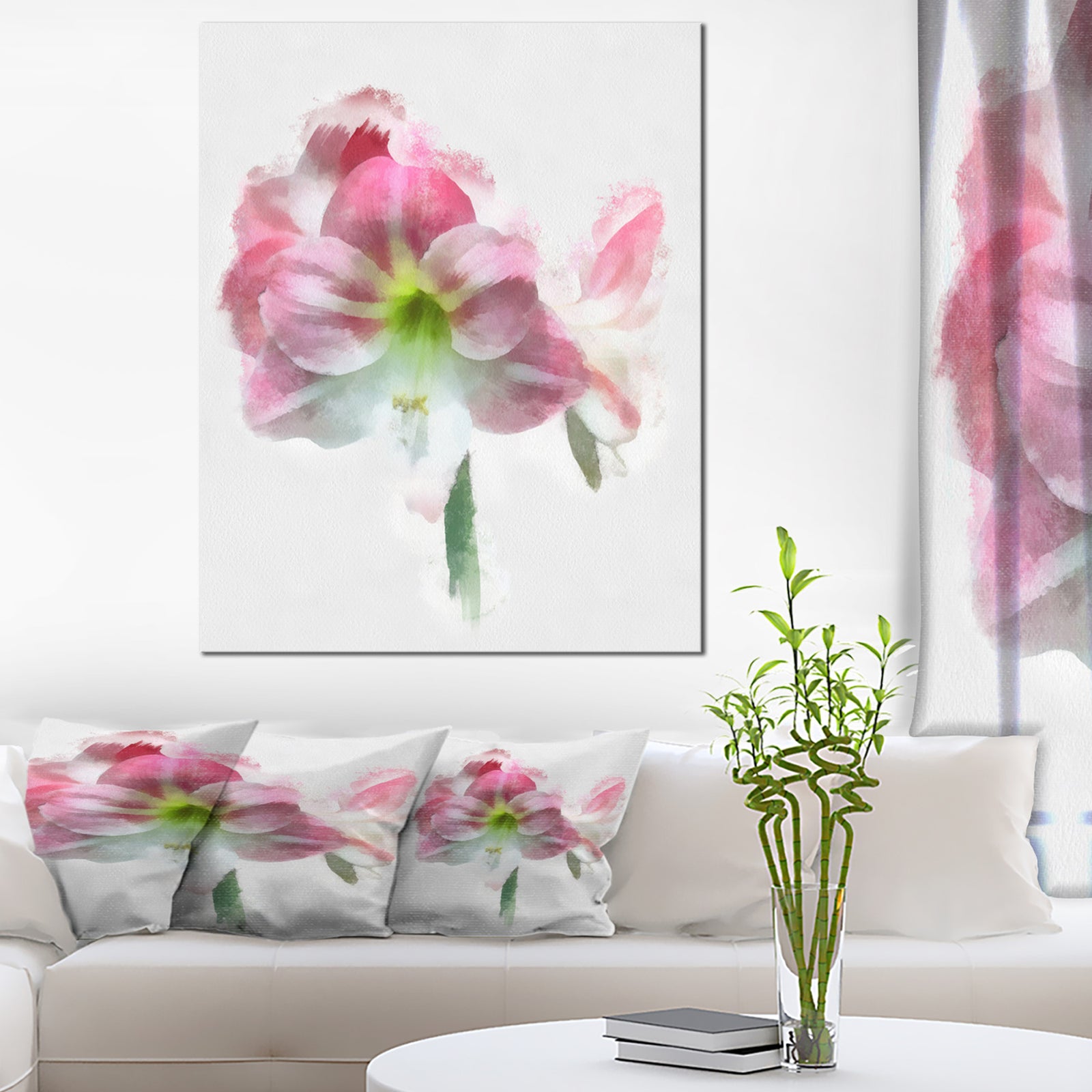 Pink Lily Flowers on White Sketch - Extra Large Floral Canvas Art