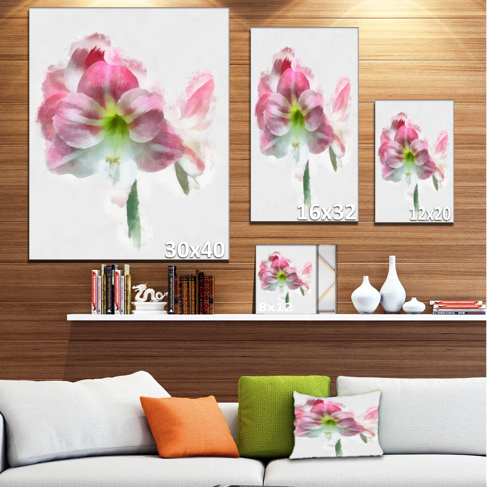 Pink Lily Flowers on White Sketch - Extra Large Floral Canvas Art