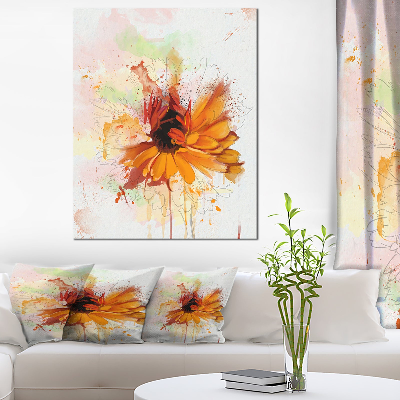 Sunflower Drawing with Paint Splashes - Extra Large Floral Canvas Art