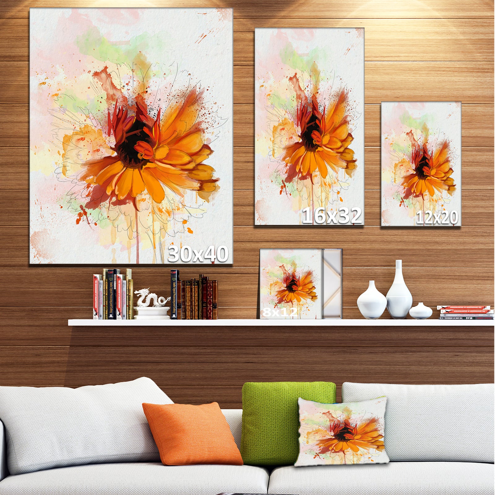 Sunflower Drawing with Paint Splashes - Extra Large Floral Canvas Art