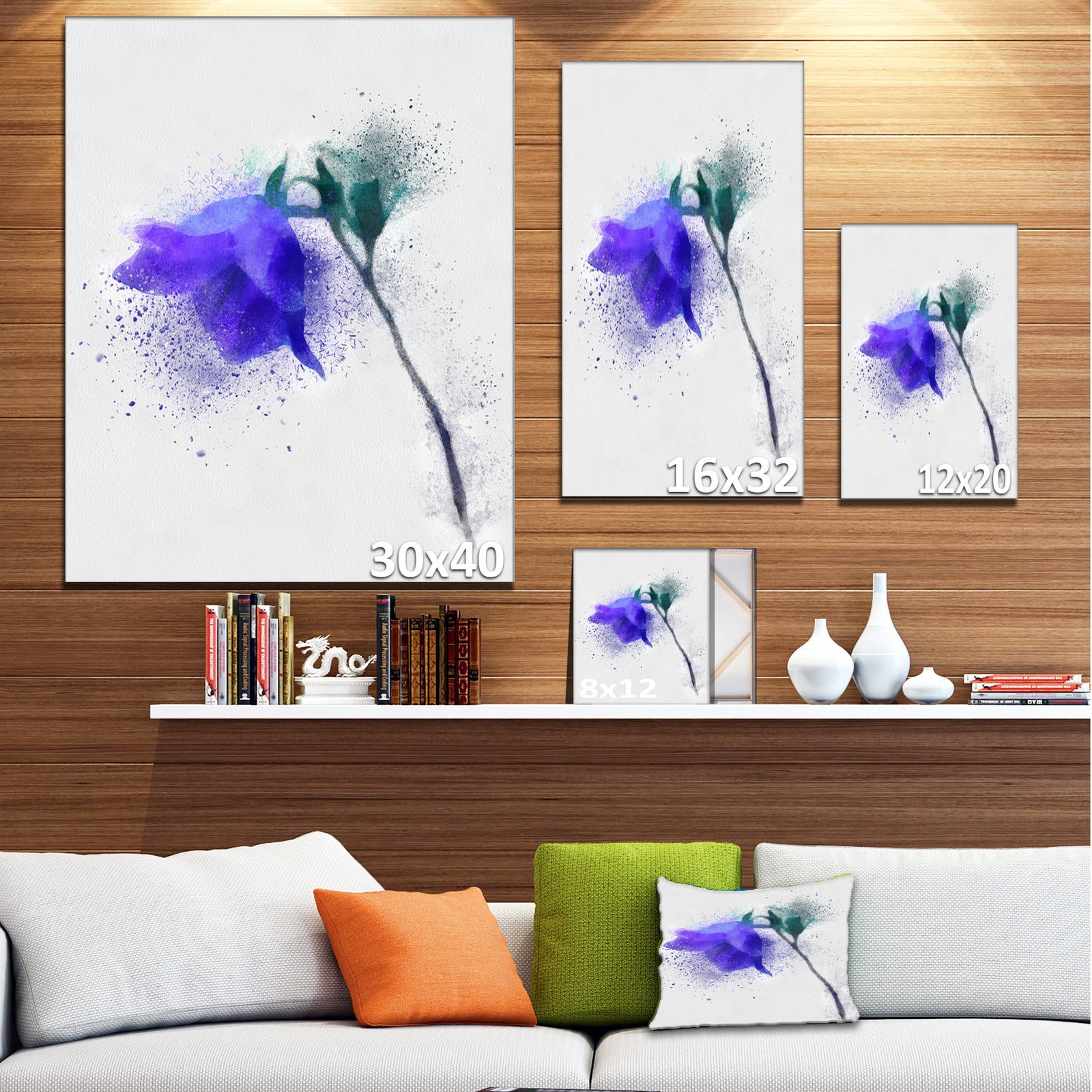 Blue Flower Stem with Color Splashes - Extra Large Floral Canvas Art