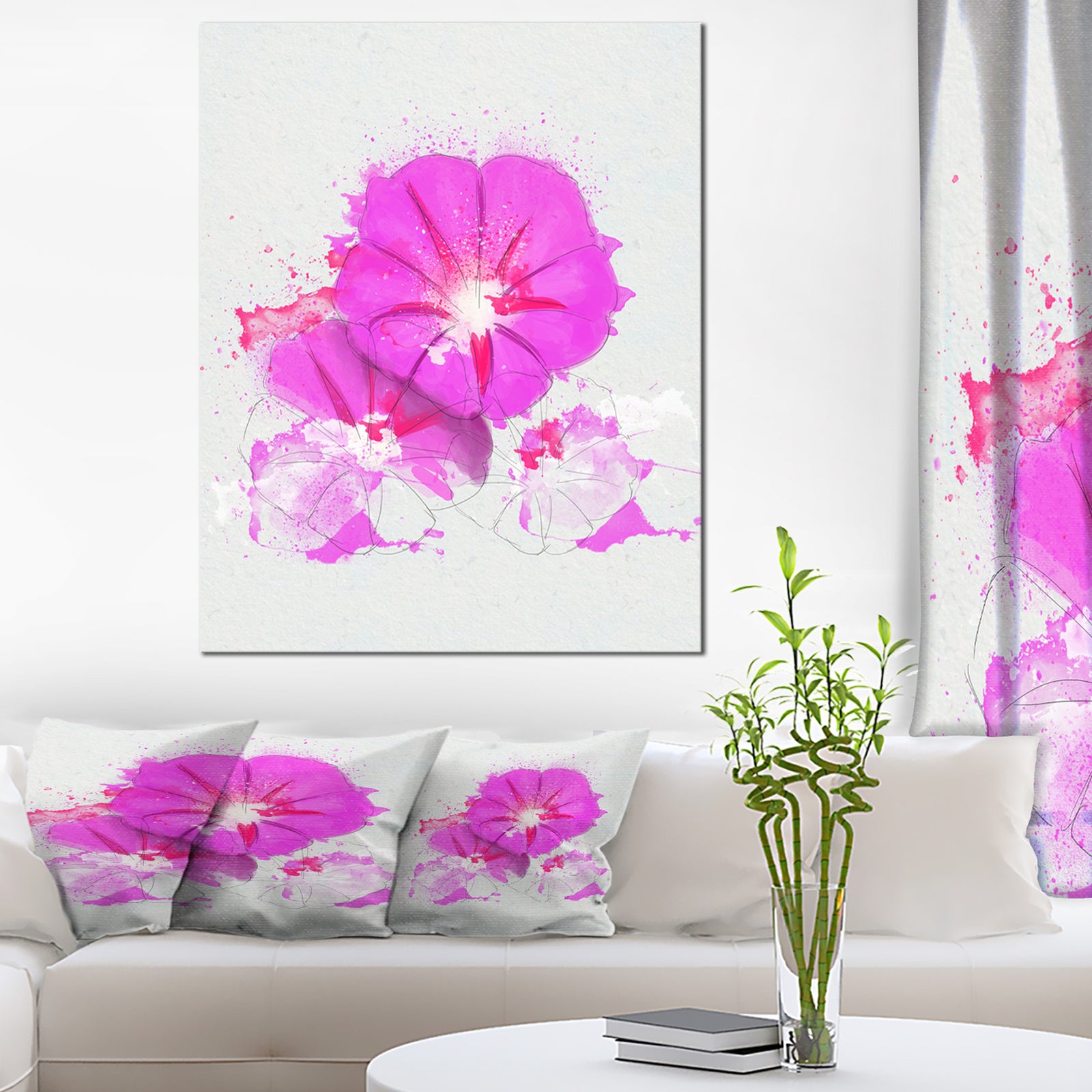 Pink Flowers Sketch with Color Splashes - Extra Large Floral Canvas Art